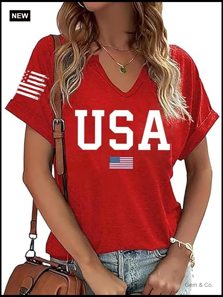 Patriotic American Flag T-Shirt For Women V-Neck Short Sleeve Summer Top